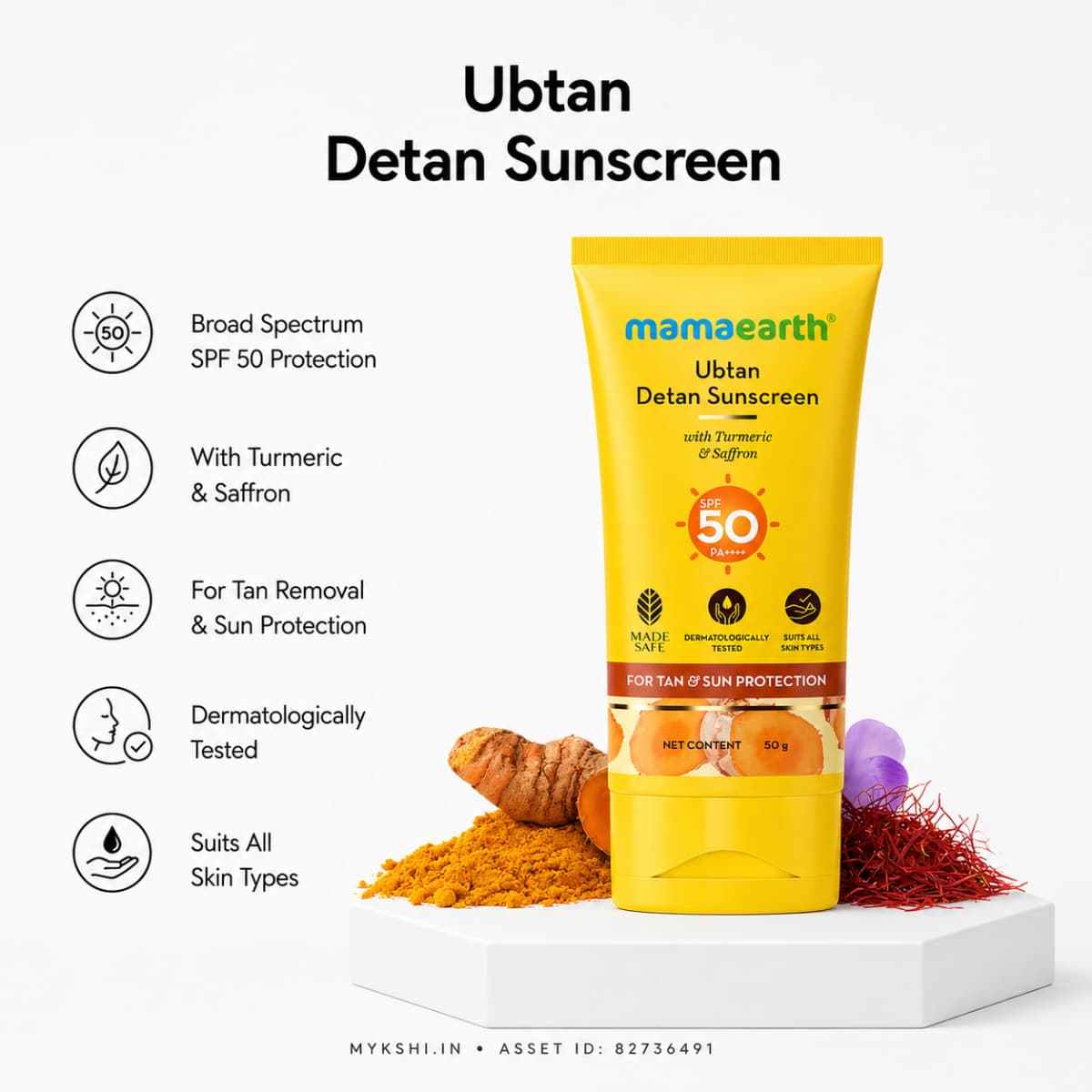 Mamaearth Ubtan Detan Sunscreen With Turmeric & Saffron For Sun Protection - 50 g