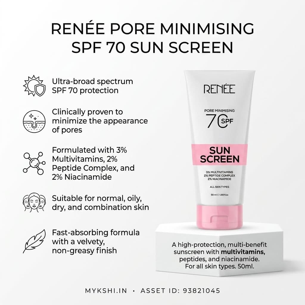 RENEE Pore Minimizing Sunscreen SPF 70 With 2% Niacinamide, 2% Peptide Complex & 3% Multivitamins, 50Ml