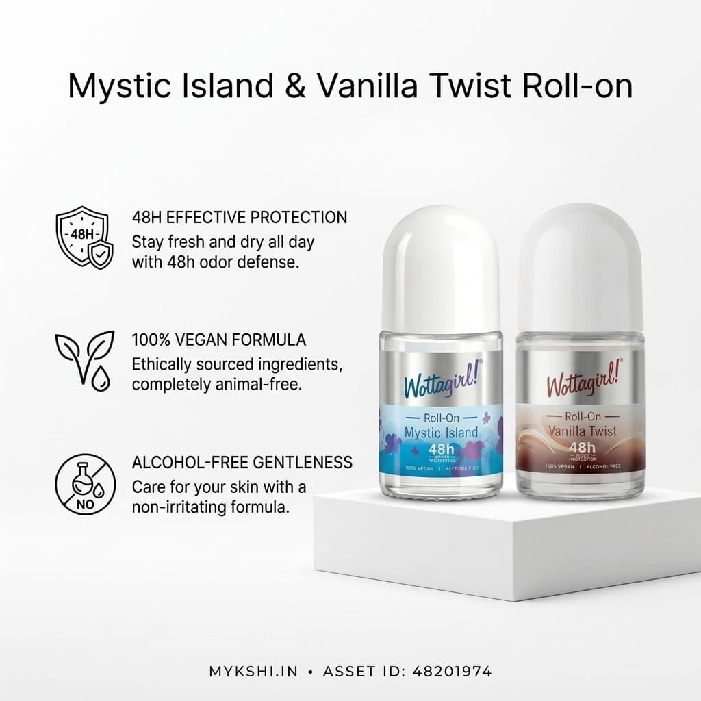 Wottagirl Underarm Roll On Combo (25ml × 2) – Mystic Island & Vanilla Twist | 48H Odour Protection | Alcohol-Free | Vegan Deodorant for Women