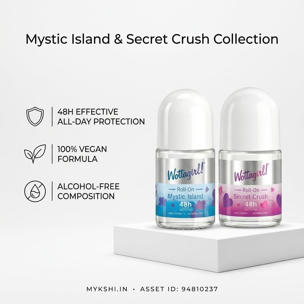 Wottagirl Underarm Roll On Combo (25ml × 2) – Mystic Island & Secret Crush | 48H Odour Protection | Alcohol-Free | Vegan Deodorant for Women