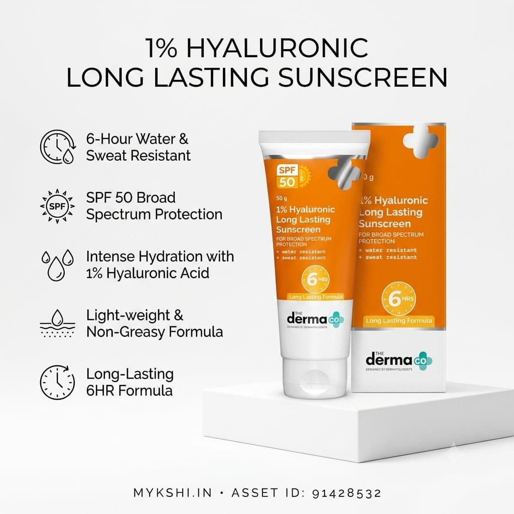 The Derma Co 1% Hyaluronic Long Lasting Sunscreen SPF 50 & PA++++ with Hyaluronic Acid & Vitamin E for Upto 6-Hour Sun Protection