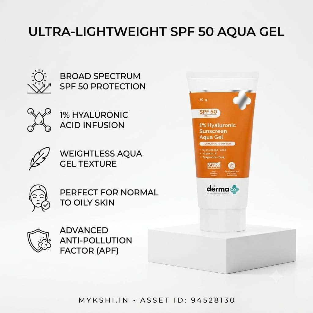 The Derma Co 1% Hyaluronic Sunscreen Aqua Gel In-Vivo Tested (ISO 24444:2019 Certified, CTRI/2025/02/080287) with SPF 50 & PA++++ - 80g