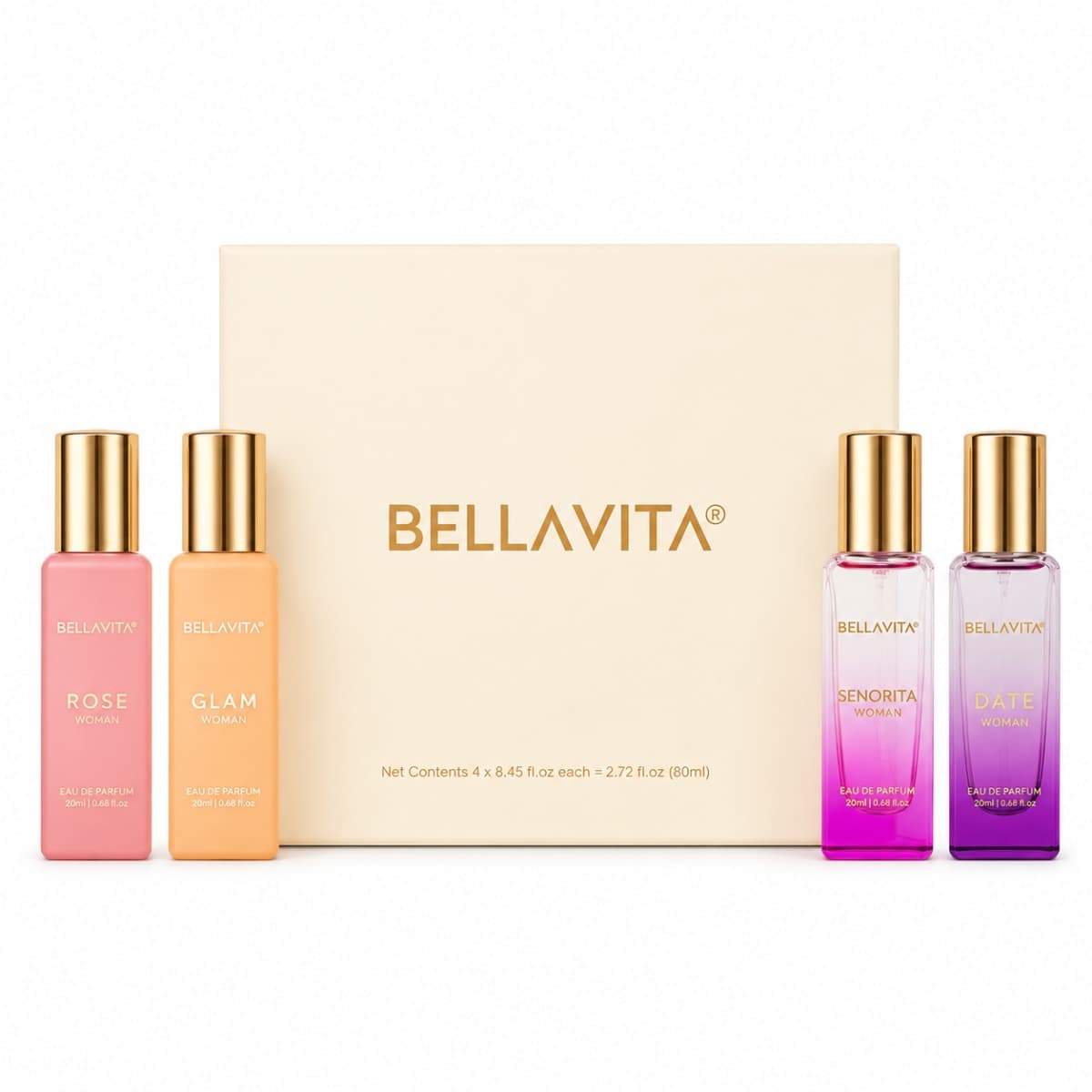 BELLAVITA LUXURY PERFUME GIFT SET FOR WOMAN 4 X 20ml ( ROSE Woman GLAM Woman DATE Woman SENORITA Woman)