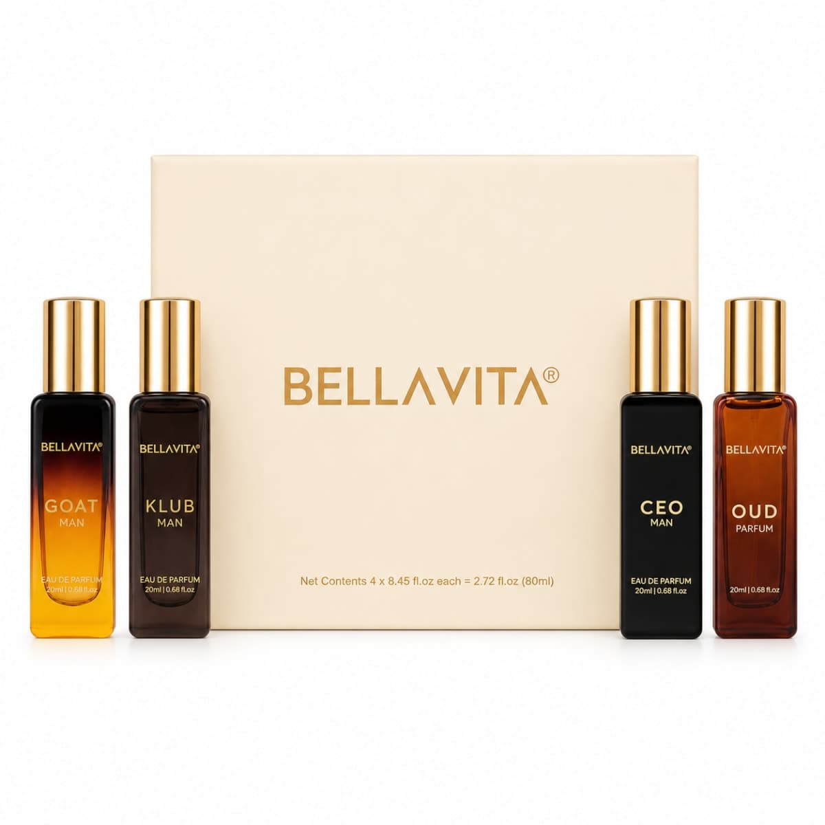 BELLAVITA LUXURY PERFUME GIFT SET FOR MAN 4 X 20ml ( G.O.A.T. Man Oud Parfum CEO Man KLUB Man)