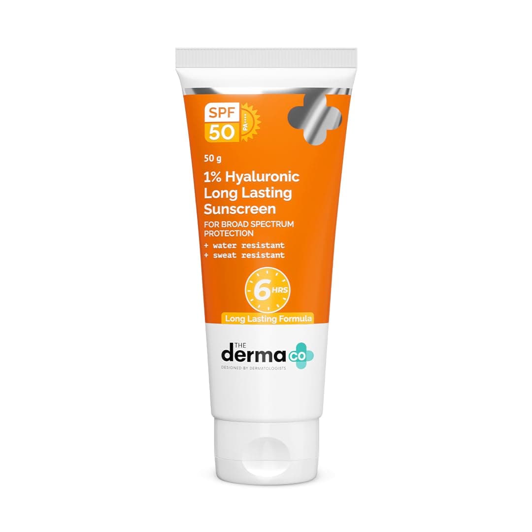The Derma Co 1% Hyaluronic Long Lasting Sunscreen SPF 50 & PA++++ with Hyaluronic Acid & Vitamin E for Upto 6-Hour Sun Protection