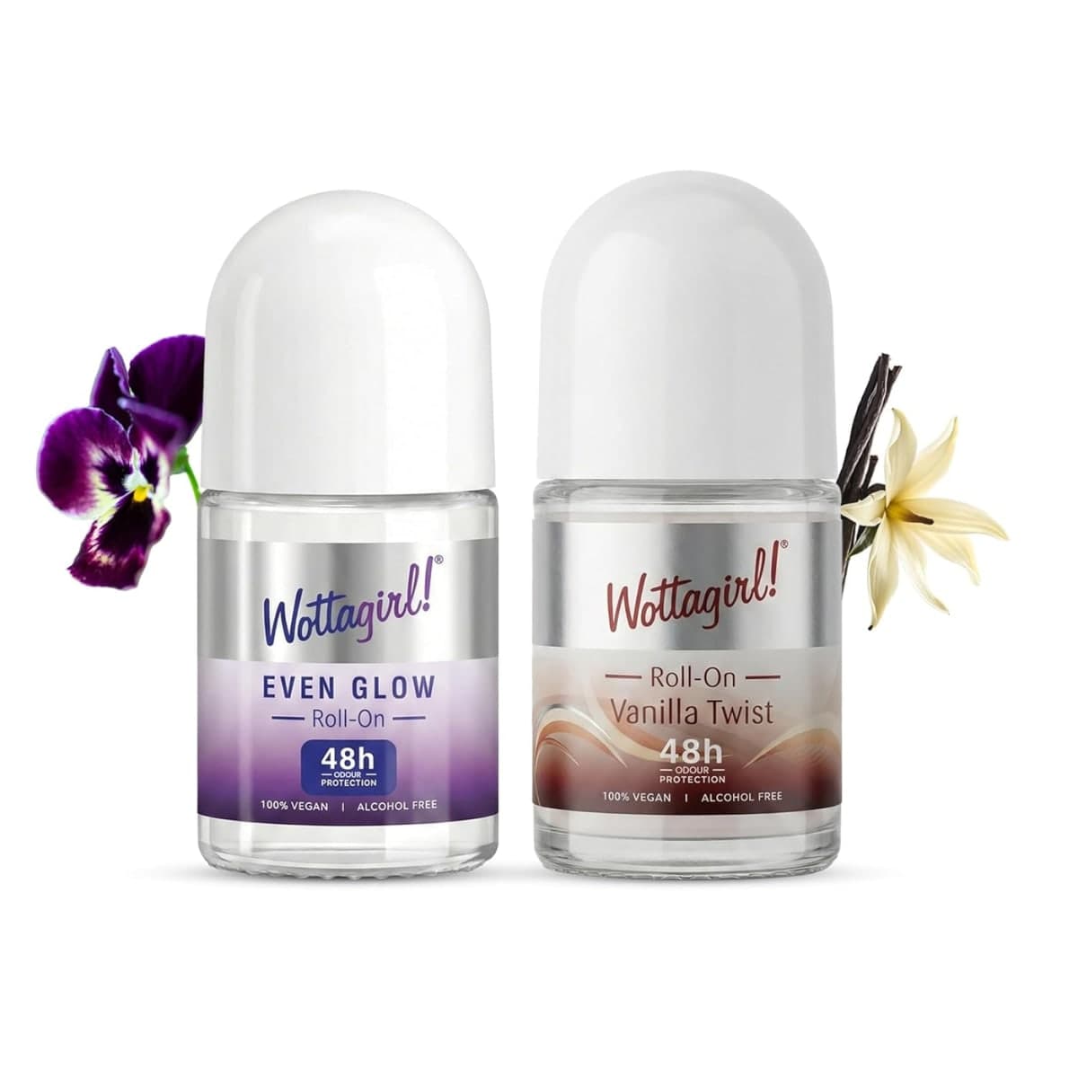 Wottagirl Underarm Roll On Combo (25ml × 2) – Even Glow & Vanilla Twist | 48H Odour Protection | Alcohol-Free | Vegan Deodorant for Women