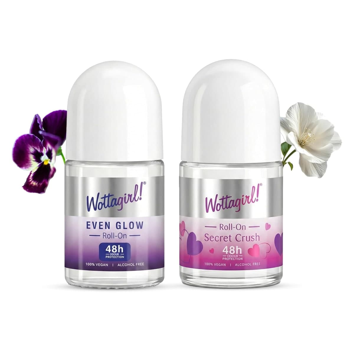 Wottagirl Underarm Roll On Combo (25ml × 2) – Even Glow Brightening & Secret Crush | 48H Odour Protection | Alcohol-Free | Vegan Deodorant for Women