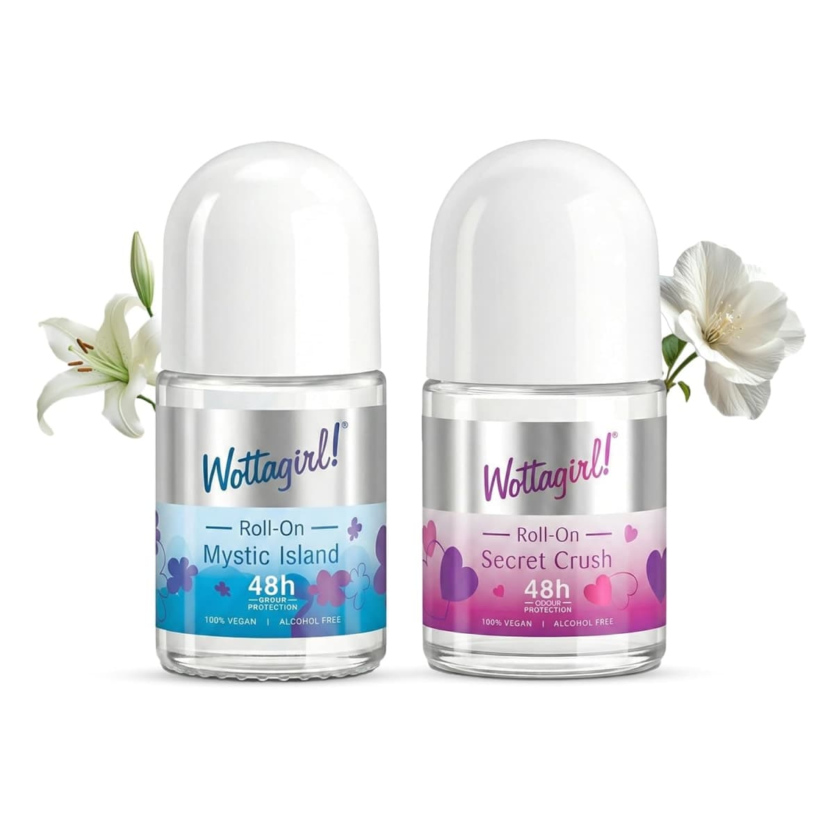 Wottagirl Underarm Roll On Combo (25ml × 2) – Mystic Island & Secret Crush | 48H Odour Protection | Alcohol-Free | Vegan Deodorant for Women