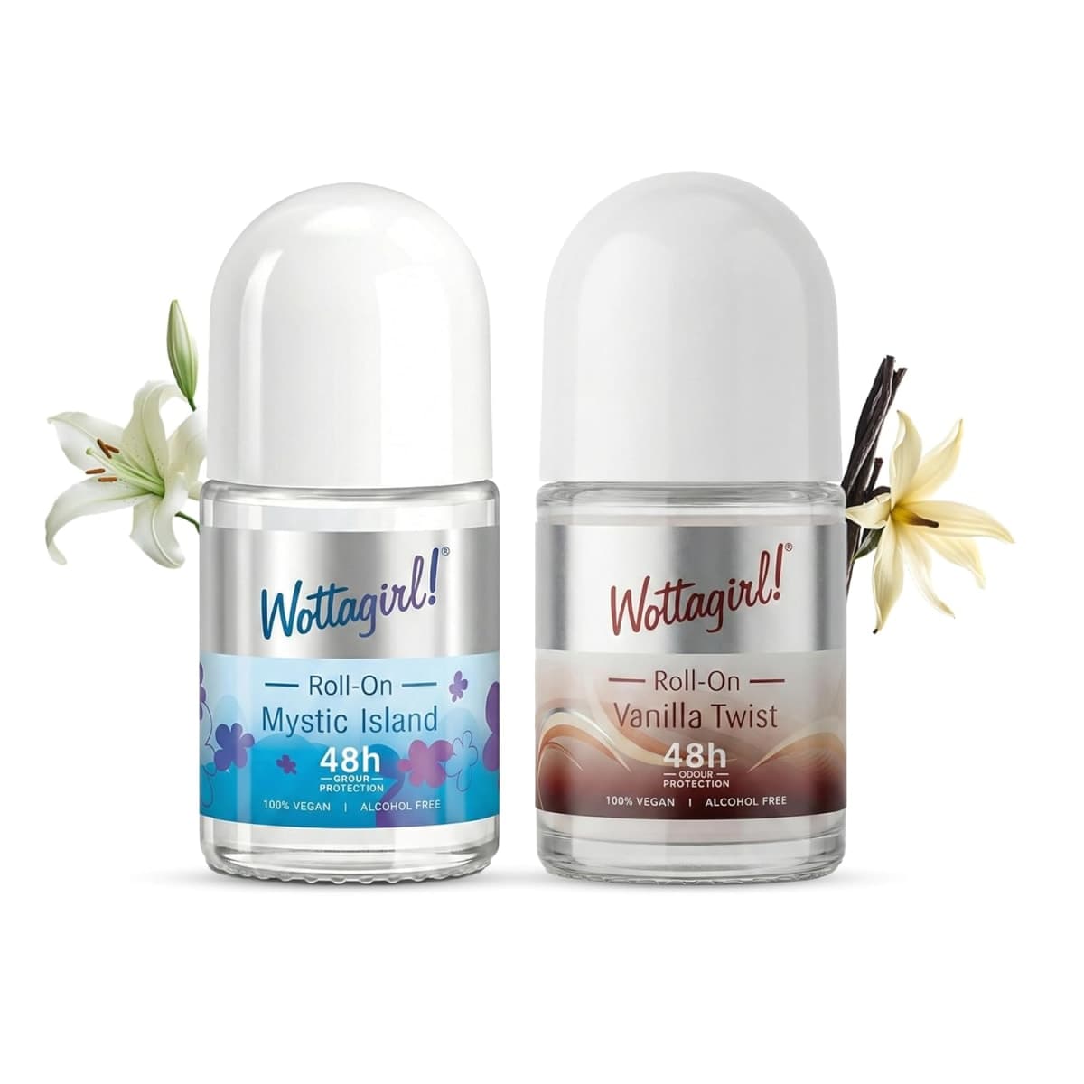 Wottagirl Underarm Roll On Combo (25ml × 2) – Mystic Island & Vanilla Twist | 48H Odour Protection | Alcohol-Free | Vegan Deodorant for Women