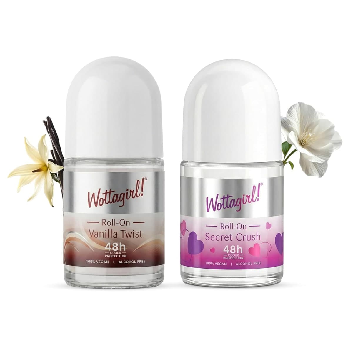 Wottagirl Underarm Roll On Combo (25ml × 2) – Secret Crush & Vanilla Twist | 48H Odour Protection | Alcohol-Free | Vegan Deodorant for Women