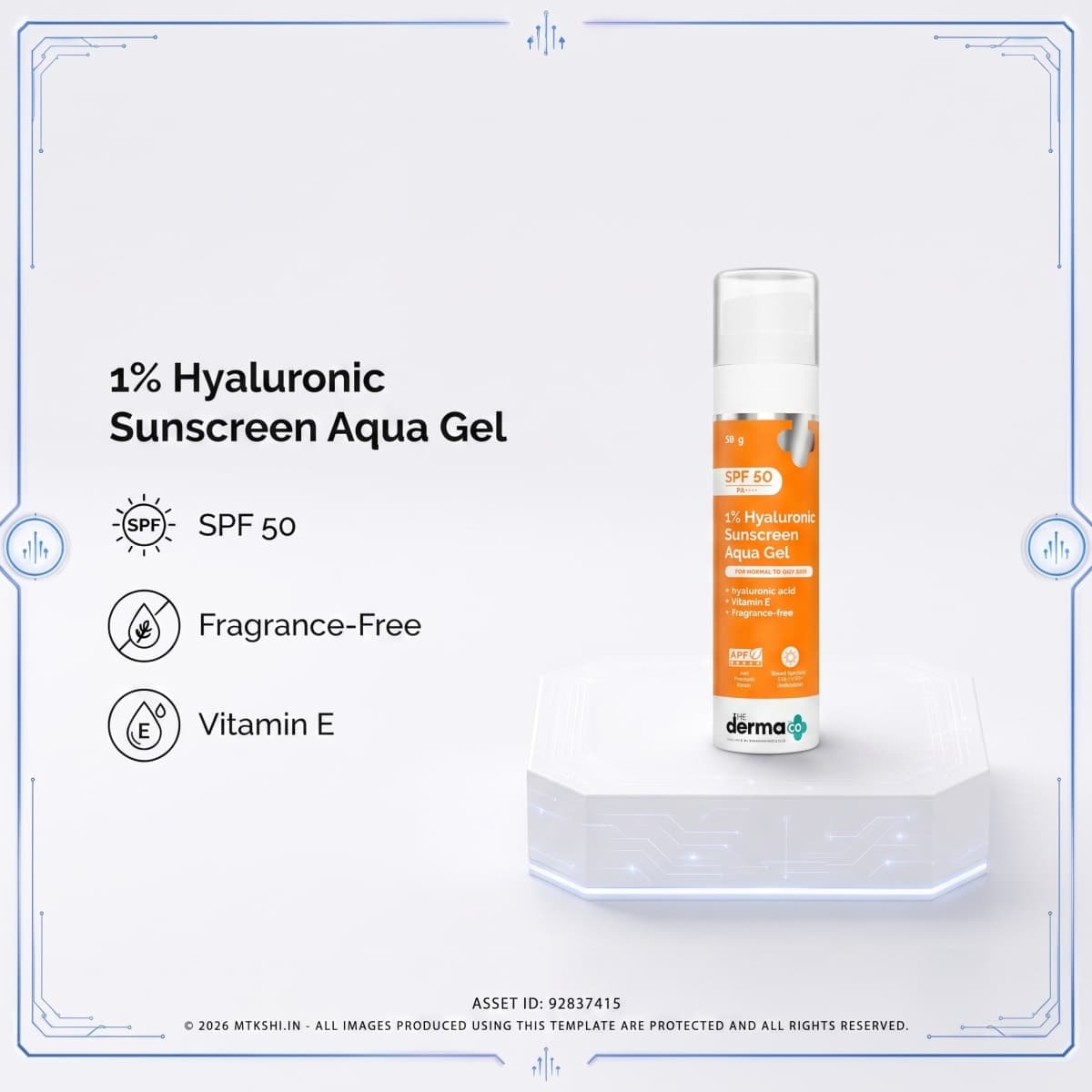 The Derma Co 1% Hyaluronic Sunscreen Aqua Gel In Vivo Tested (ISO 24444:2019 Certified, CTRI/2025/02/080287) with SPF 50 & PA++++