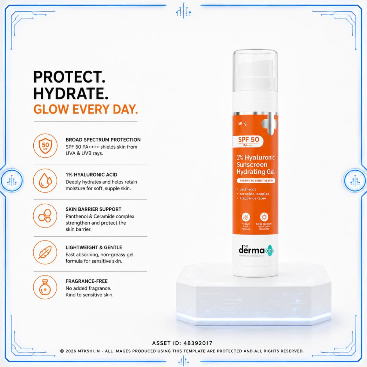 The Derma Co 1% Hyaluronic Sunscreen Hydrating Gel In Vivo Tested (ISO 24444:2019 Certified, CTRI/2025/01/079445) with SPF 50 PA++++