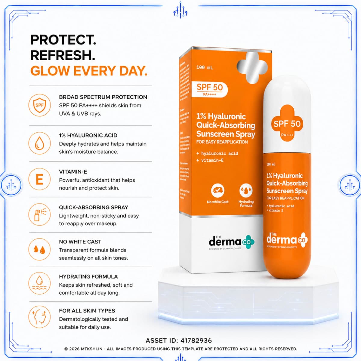 The Derma Co 1% Hyaluronic Quick-Absorbing Sunscreen Spray with Hyaluronic Acid & Vitamin E - 100 ml