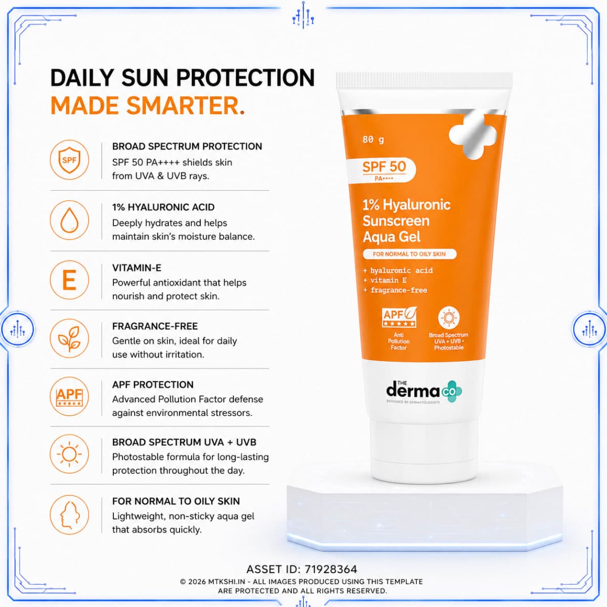 The Derma Co 1% Hyaluronic Sunscreen Aqua Gel In-Vivo Tested (ISO 24444:2019 Certified, CTRI/2025/02/080287) with SPF 50 & PA++++ - 80g