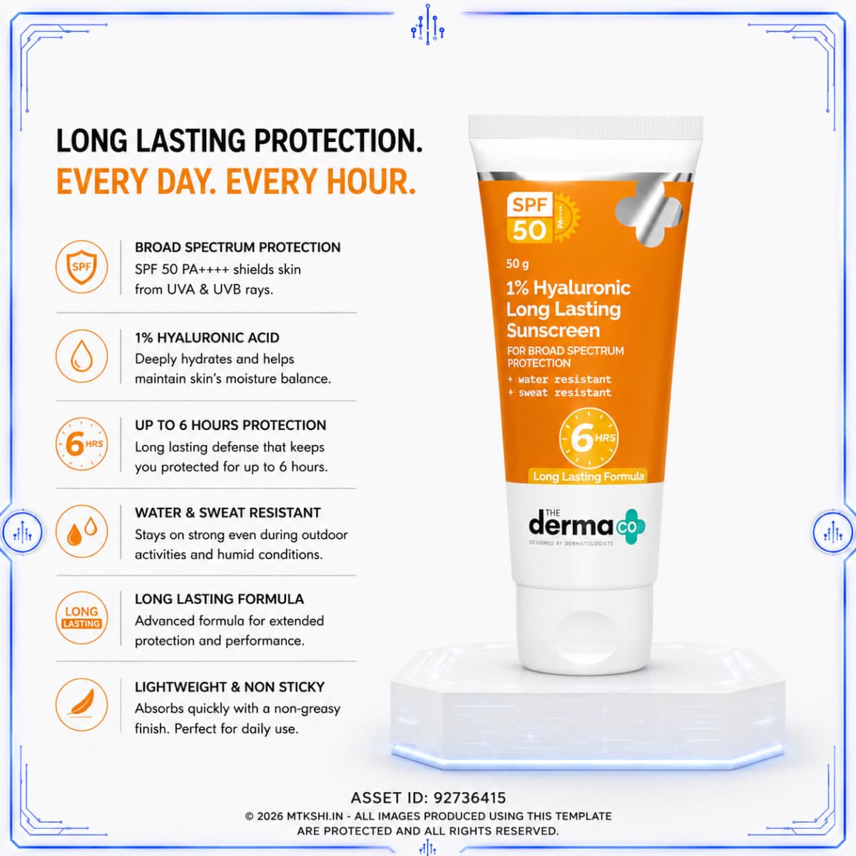 The Derma Co 1% Hyaluronic Long Lasting Sunscreen SPF 50 & PA++++ with Hyaluronic Acid & Vitamin E for Upto 6-Hour Sun Protection