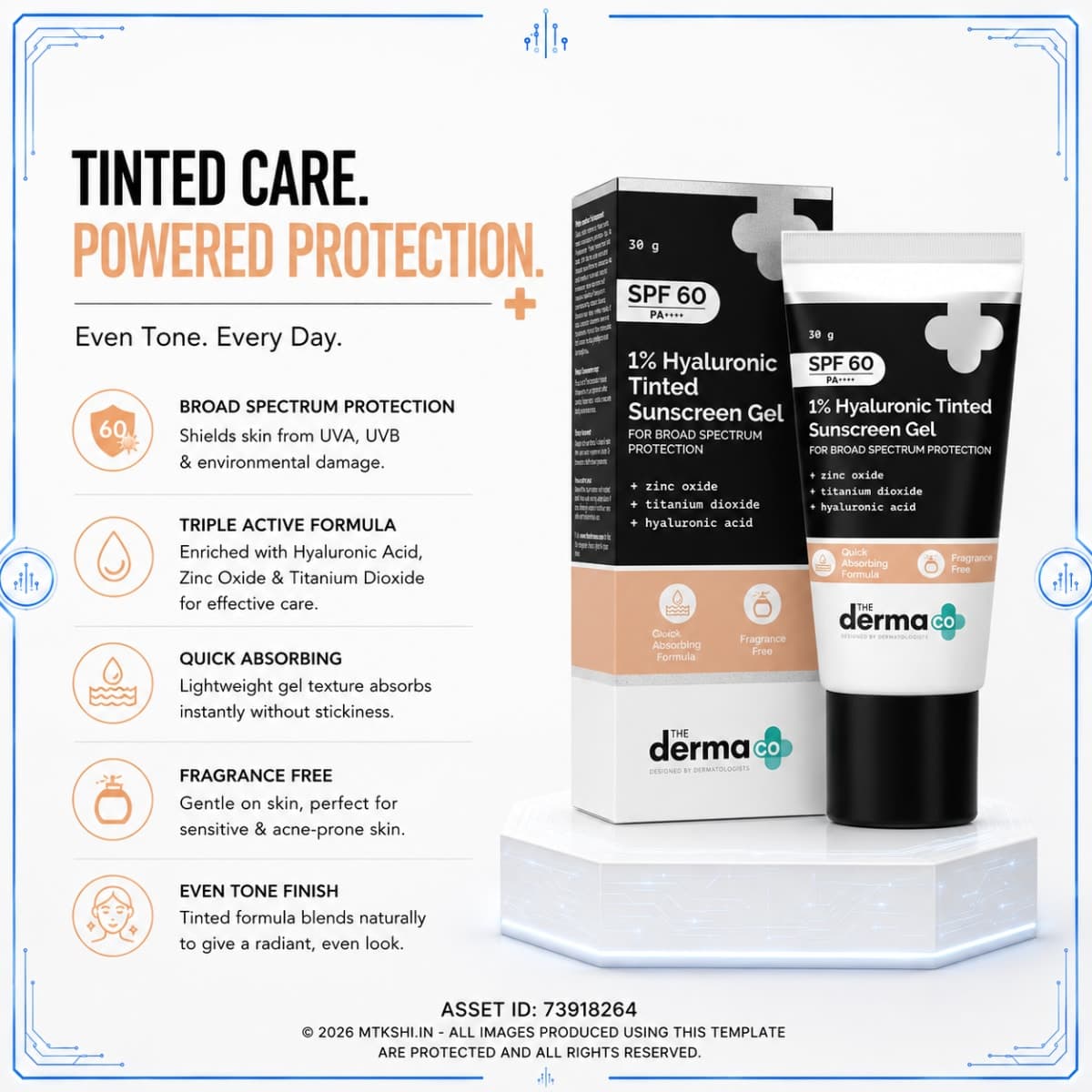 The Derma Co 1% Hyaluronic Tinted Sunscreen Gel with SPF 60 & PA++++ for Broad Spectrum Protection - 30g